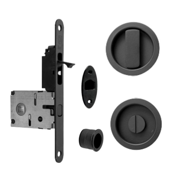 Kit tondo TNEWK Ad-Point per porta scorrevole, chiavistello e bottone con tirante integrato, serratura 50 mm, Acciaio finitura Nero Opaco
