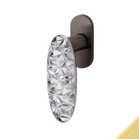 Maniglia martellina Dk Crystal Diamond Olivari per serramento, lunghezza quadro 7x42 mm, Ottone finitura SuperOro Lucido, Vetro Trasparente