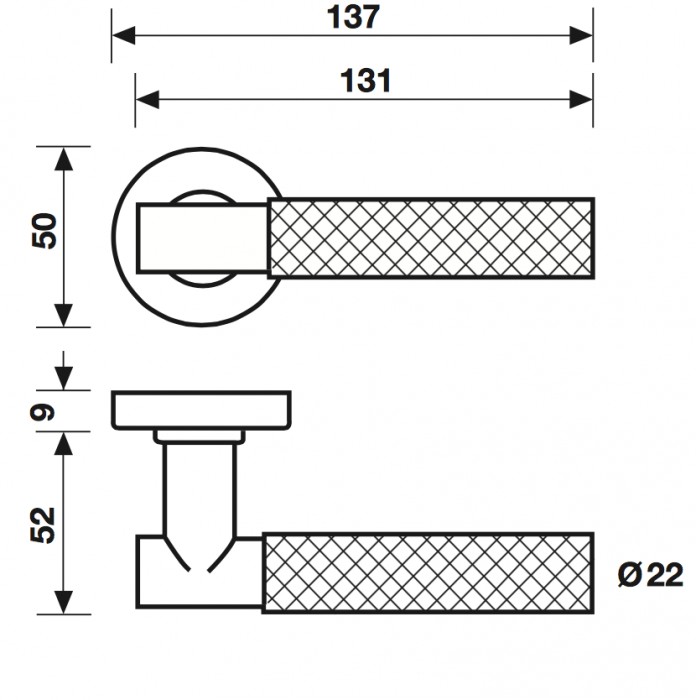 Maniglia per porta Fusital serie K2 H5015, con rosetta e bocchetta foro normale, finitura Inox Satinato .