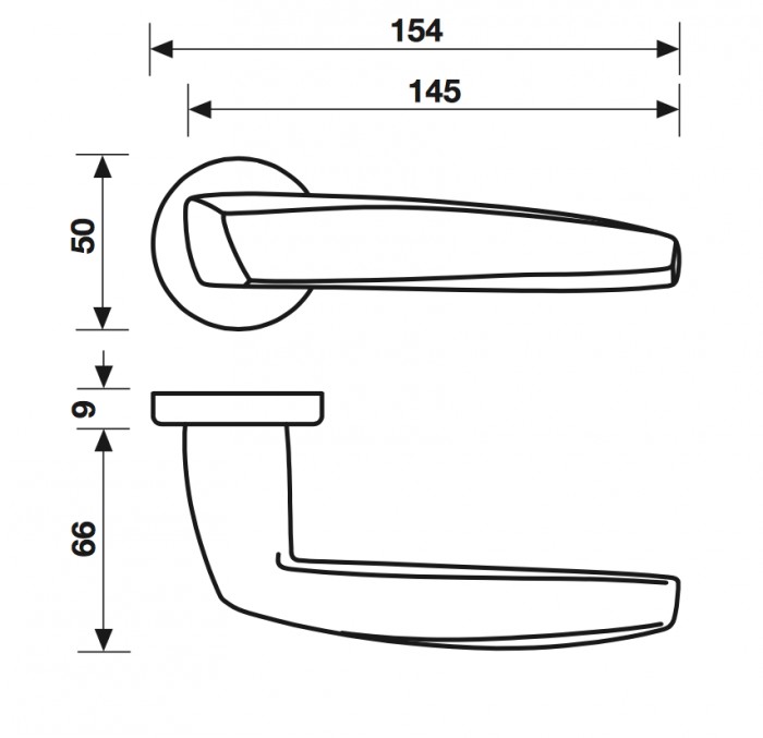 Maniglia per porta Fusital serie Arrowhead H 5021, con rosetta e bocchetta ovale foro yale, colore Cromo Satinato.