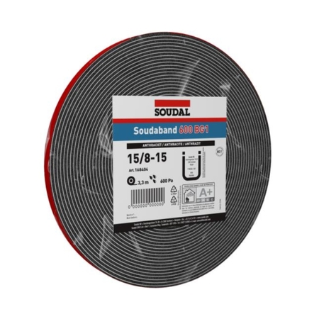 Nastro Soudaband 600 BG1 Soudal per posa serramento, larghezza 20 mm, fuga 3-7 mm, rotolo 8 mt, finitura Nero Antracite