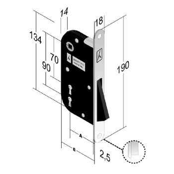 Serratura magnetica B-One 900 Bonaiti per porta, foro Patent, entrata 50 mm, frontale 190x18 mm, finitura Cromato Satinato