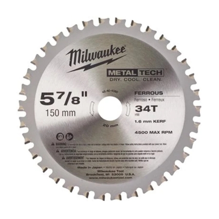 Lama sega circolare F Milwaukee per metallo, diametro 150 mm, foro 20 mm, taglio 1,6 mm, 34 denti in Cermet