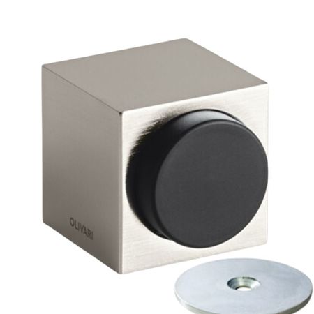 Fermaporta magnetico Cubo B136C Olivari per interni/esterni, dimensione 32x38 mm, gommino diametro 25 mm, Ottone finitura SuperNichel Satinato