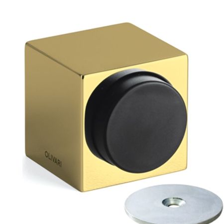 Fermaporta magnetico Cubo B136C Olivari per interni/esterni, dimensione 32x38 mm, gommino diametro 25 mm, Ottone finitura SuperOro Lucido