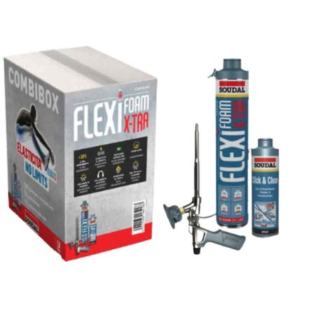Kit Flexifoambox X-Tra Soudal, confezione 10 bombole Flexifoam Gun, poliuretanica flessibile, bombola 750 ml, 1 erogatore attacco rapido, finitura Blu