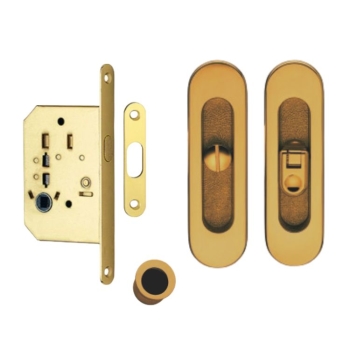 Kit serratura ovale K1204 Valli & Valli per porta scorrevole, chiavistello e bottone con serratura 50 mm, finitura Ottone Anticato